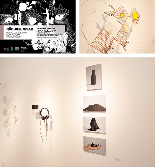 Detalhes da exposição "Não-Ver, Visar", de Bethielle Kupstaitis, Elias Maroso e Gabriel Pessoa, que ocorreu entre 03/09 e 12/10/2019.